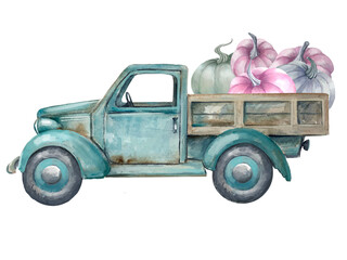 Old truck with pink pumpkins 
