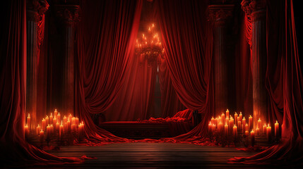 Room with red curtains and candles, Bright color. Generative Ai - obrazy, fototapety, plakaty
