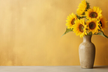 Rustic Charm: Sunflowers in Brown Vase Against Yellow Wall Mockup, Generative AI