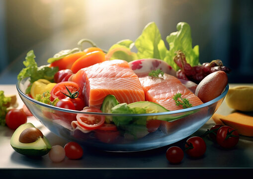 Raw salmon with avocado and various fresh vegetables in glass bowl.Macro.AI Generative