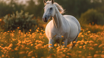 Obraz na płótnie Canvas horse in a field of flowers,horse in the field,White Horse in a Field of Yellow Flowers