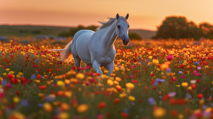 Obraz na płótnie Canvas horse in a field of flowers,horse in the field,White Horse in a Field of Yellow Flowers