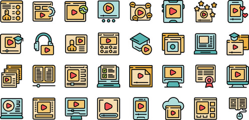Online course icons set outline vector. Video training. Study learn thin line color flat on white