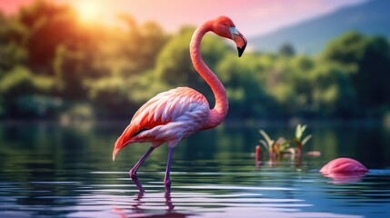 pink flamingo in wild nature, AI Generated