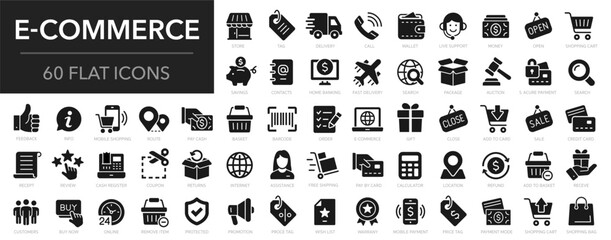 E-Commerce icons set. E-Commerce flat icons collection. Shopping, online shop, delivery, marketing, store, money, payment, price - stock vector.