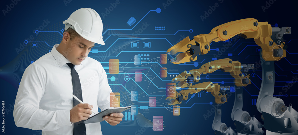 Poster double exposure of businessman h using tablet and technology global networking security information 