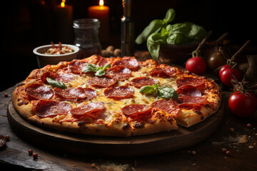 Pepperoni pizza in an Italian restaurant. Close-up. Illustration  Generative AI