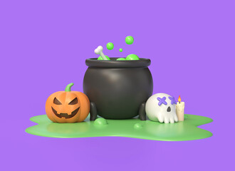 3d pumpkin with creepy smile witch cauldron and potion, skull in cartoon style. illustration for halloween holiday banner or poster design. 3d rendering