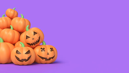 Halloween. Realistic 3d orange pumpkins with carved scary joyful smile. illustration isolated on purple background. copy space. 3d rendering