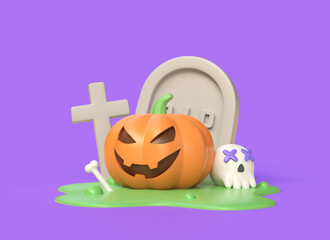3d pumpkin with a creepy smile, a tombstone and a cross with a skull in a cartoon style. illustration for halloween holiday banner or poster design. 3d rendering