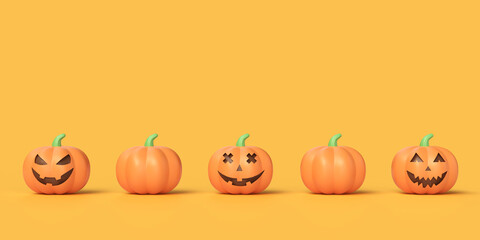 Halloween. Realistic 3d orange pumpkins with carved scary joyful smile. illustration isolated on orange background. copy space. 3d rendering