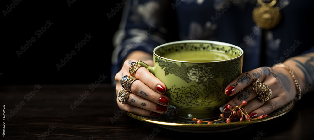 Wall mural cup of matcha latte tea in woman's hands with red nails, a lot of rings and tattoos on fingers, heal