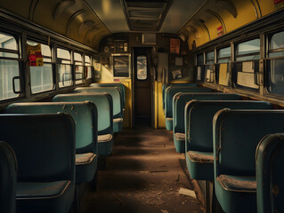 Closeup inside view of old abandoned school bus with broken and dirty interior