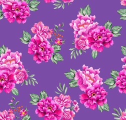 Watercolor flowers pattern, pink tropical elements, green leaves, purple background, seamless