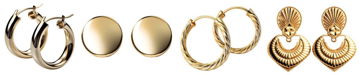 Set of gold earrings. Hoop earrings, round gold earrings, elegant and modern earrings. Isolated on a transparent background. KI. - obrazy, fototapety, plakaty