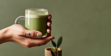 Banner of cup of matcha latte in woman's hands, tattoo on finger, healthy lifestyle banner, on green background. Copy space - obrazy, fototapety, plakaty