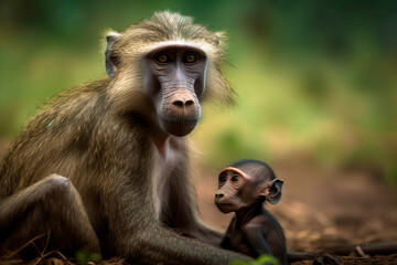 Fototapeta premium Affectionate portrait of mother baboon and baby. Amazing wildlife. generative Ai