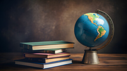 Education concept, globe with books on table.
