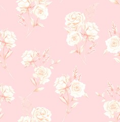 Watercolor flowers pattern, white tropical elements, leaves, pink background, seamless