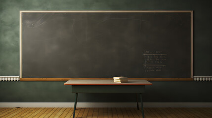 Empty classroom and blackboard with table