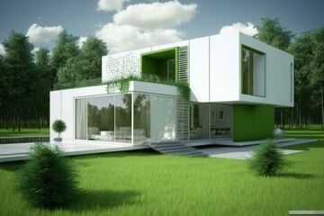 Contemporary white home with green power: innovative, eco-friendly, and enduring. Generative AI