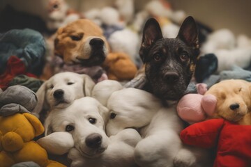 A Close Up Of A Dog Surrounded By Stuffed Animals