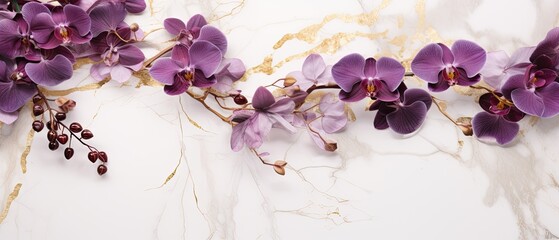 A striking marble backdrop with a cluster of rich purple orchids and golden foliage with copy space for text. Wedding card, menu card, jewel, glamorous design for exclusive places. Generative AI. 