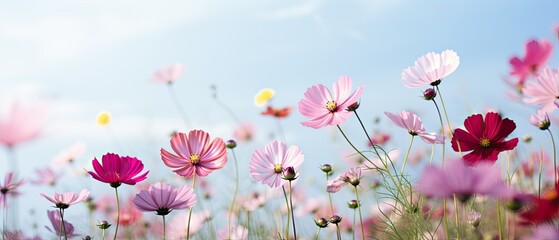 A whimsical photography of a field of cosmos flowers with negative copy space, showcasing the playful and colorful blooms. Wallpaper, floral card. Generative AI. 