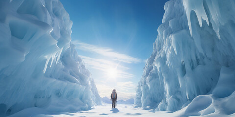  brave woman explorer with ski poles standing on the edge of a large glacier crevasse, under the pale arctic sunlight
