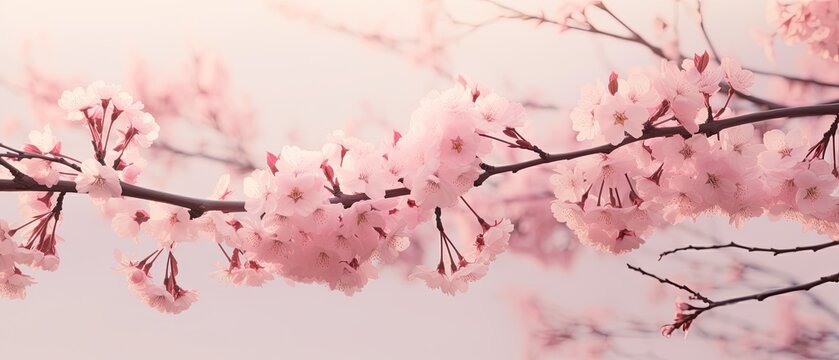 A romantic photography of a field of cherry blossoms with negative copy space, offering a soft and delicate backdrop for text. Wedding card, wallpaper, condolences, fashion, backgrounds. Generative AI