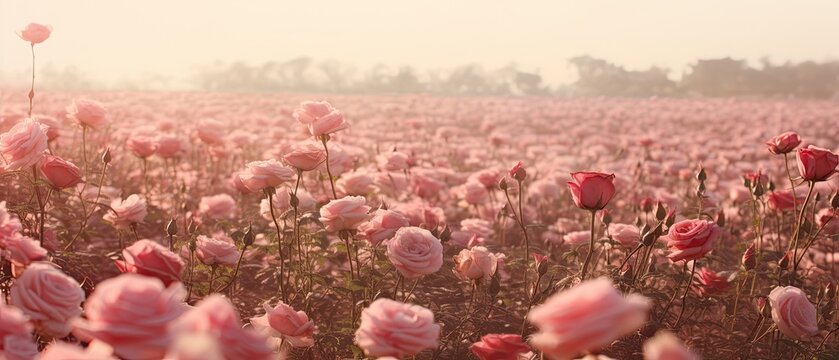 A romantic photography of a field of roses with negative copy space, offering an elegant and sophisticated backdrop for text. Wallpaper, condolences card, floral card, backgrounds. Generative AI. 