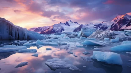 Foto auf Acrylglas panoramic view of a glacier with rugged mountains in the background, twilight, with hues of purple and blue © Marco Attano