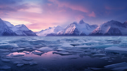 panoramic view of a glacier with rugged mountains in the background, twilight, with hues of purple and blue