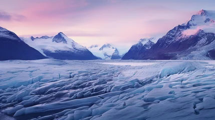 Photo sur Plexiglas Rose clair panoramic view of a glacier with rugged mountains in the background, twilight, with hues of purple and blue