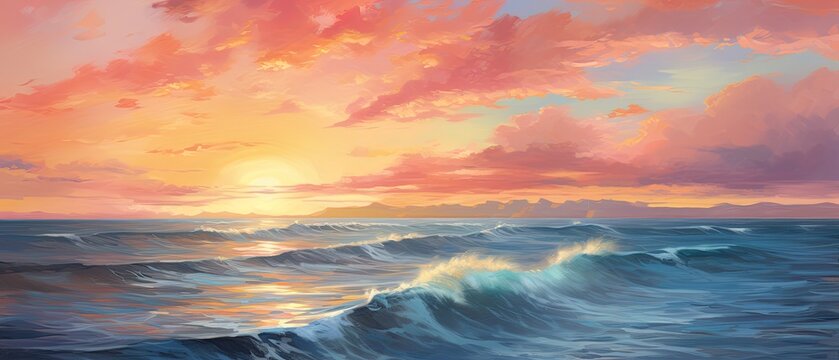 A romantic oil painting background featuring a picturesque seascape at sunset, with negative copy space for text or branding. Wallpaper texture, backgrounds. Generative AI. 