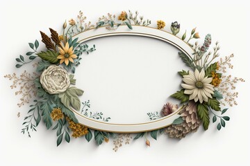 A white background showcases a frame adorned with flowers. Generative AI