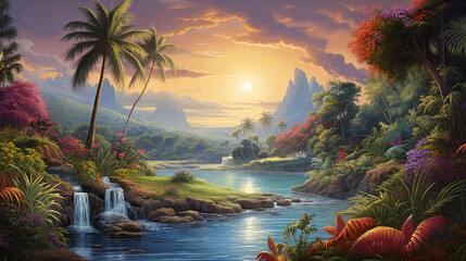 A tropical paradise unfolds with a picturesque river. AI Generative.