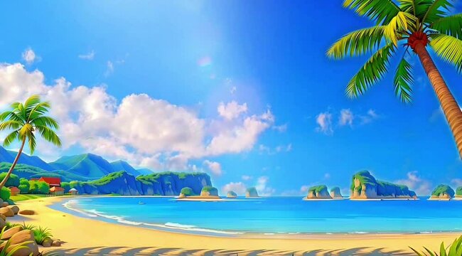 Animated footage beach with palm trees.