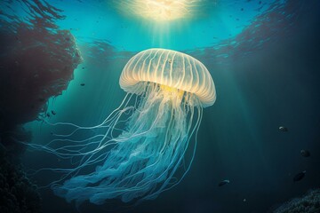 Enormous jellyfish underwater illuminated by sunlight, made with advanced tech. Generative AI