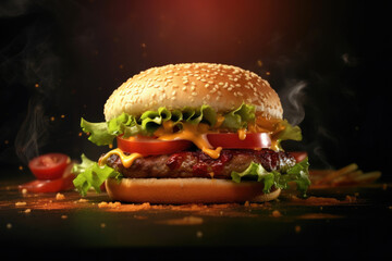Hot veggie burger on a black background. Close-up.
