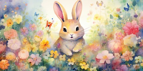  Whimsical Watercolor Bunny - Garden of Colors - Floral Symphony - Butterfly Waltz   Generative AI Digital Illustration