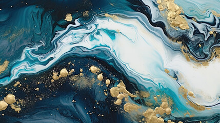 Obraz premium Abstract artistic background with blue marble and golden paint stains. Generated AI.