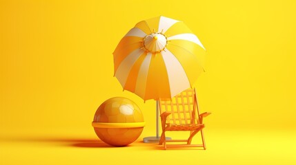 3d Vector Beach Chair, Yellow Umbrella and Ball, Summer holiday, Time to travel concept.