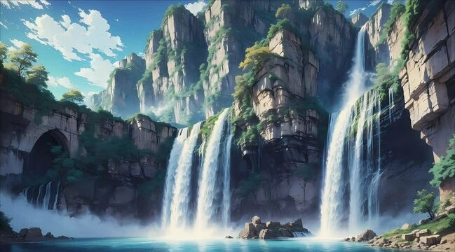 Waterfall in the Mountains Video. Immerse yourself in an enchanting anime-style video featuring a mesmerizing waterfall set in the mountains.