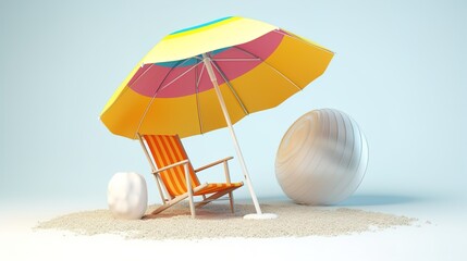 Fototapeta na wymiar 3d Vector Beach Chair, Yellow Umbrella and Ball, Summer holiday, Time to travel concept.