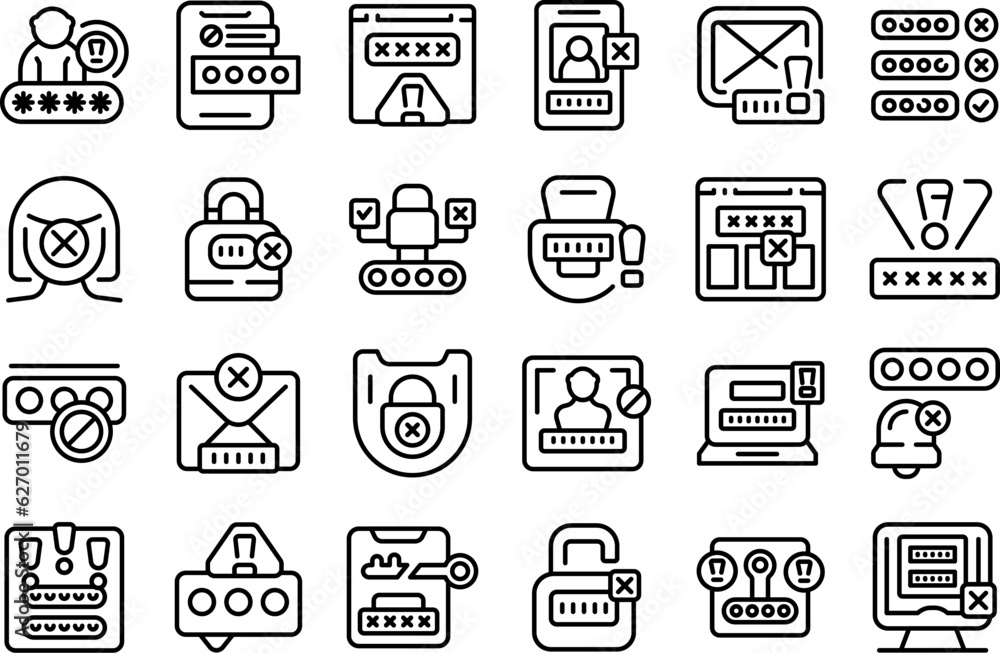Poster wrong password icons set outline vector. shield security. work data