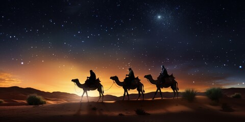 Three kings illuminated by the radiant guiding star. Created with generative AI technology.