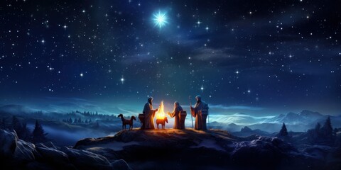 Three Kings and the guiding star against a backdrop of a clear and breathtaking night sky. Created with generative AI technology.