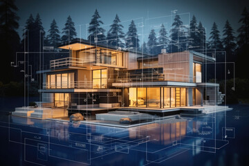 Digital project of residential building. House hologram. Virtual blueprint of smart home