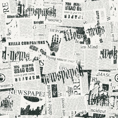 Abstract seamless pattern with chaotic layering of newspaper text, illustrations, headlines on a light backdrop. Creative vector background in grunge style. Wallpaper, wrapping paper or fabric design